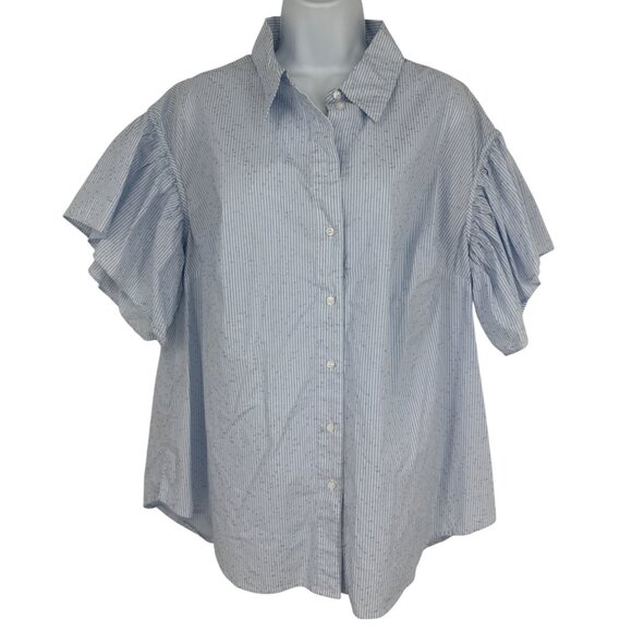 Lane Bryant Blue Pinstripe Button-Up Shirt W/ Ruffle Sleeves & Collar Size 16 - Picture 1 of 9